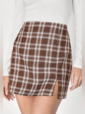 Lulus Brown Plaid Mini Skirt NWT XS Y2K Preppy Academia Slit Mini